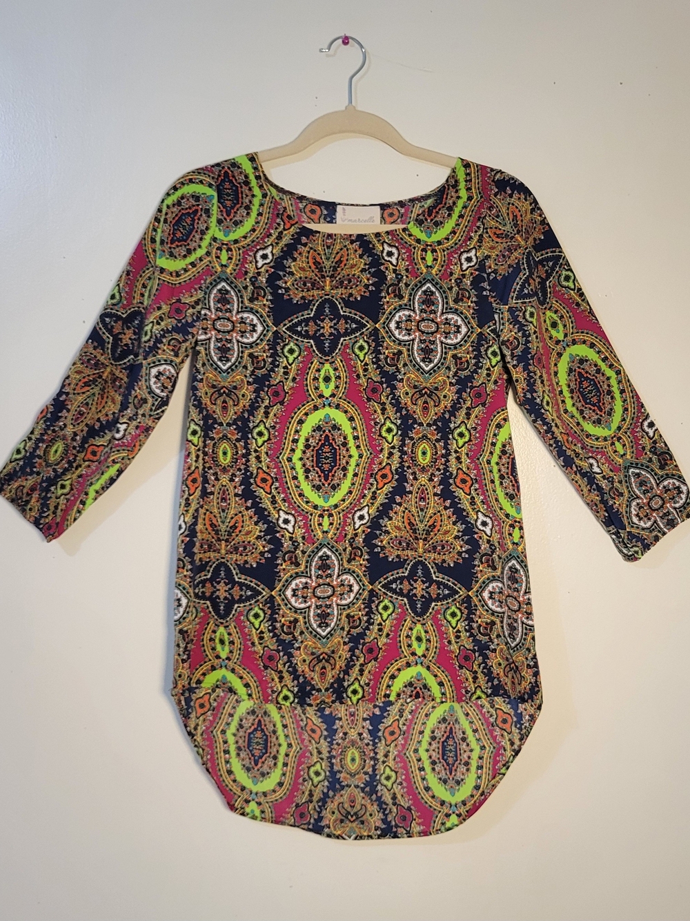 Marcelle (Women's S) Navy Multi-color Paisley 3/4 Sleeve High-low Tunic Top